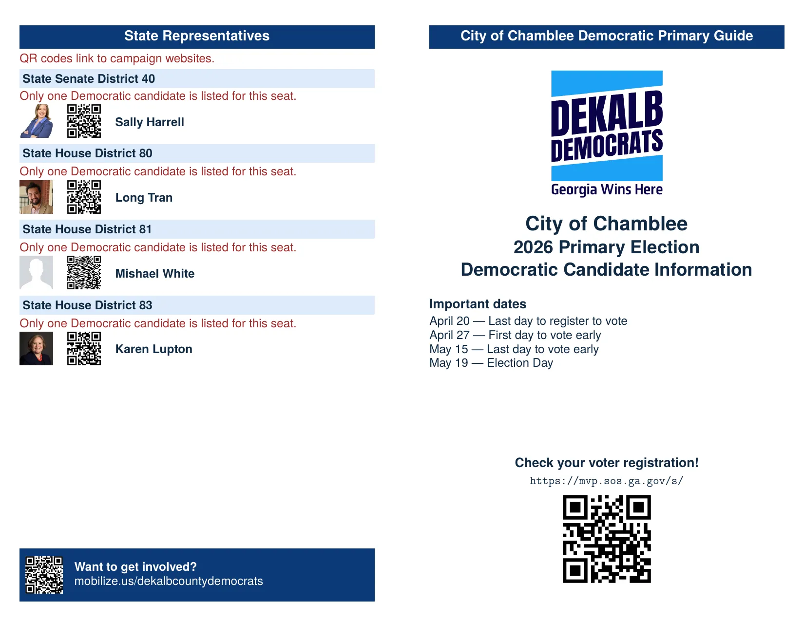 A spread from the Chamblee 2026 primary guide, with state representative listings and a voter-information cover.
