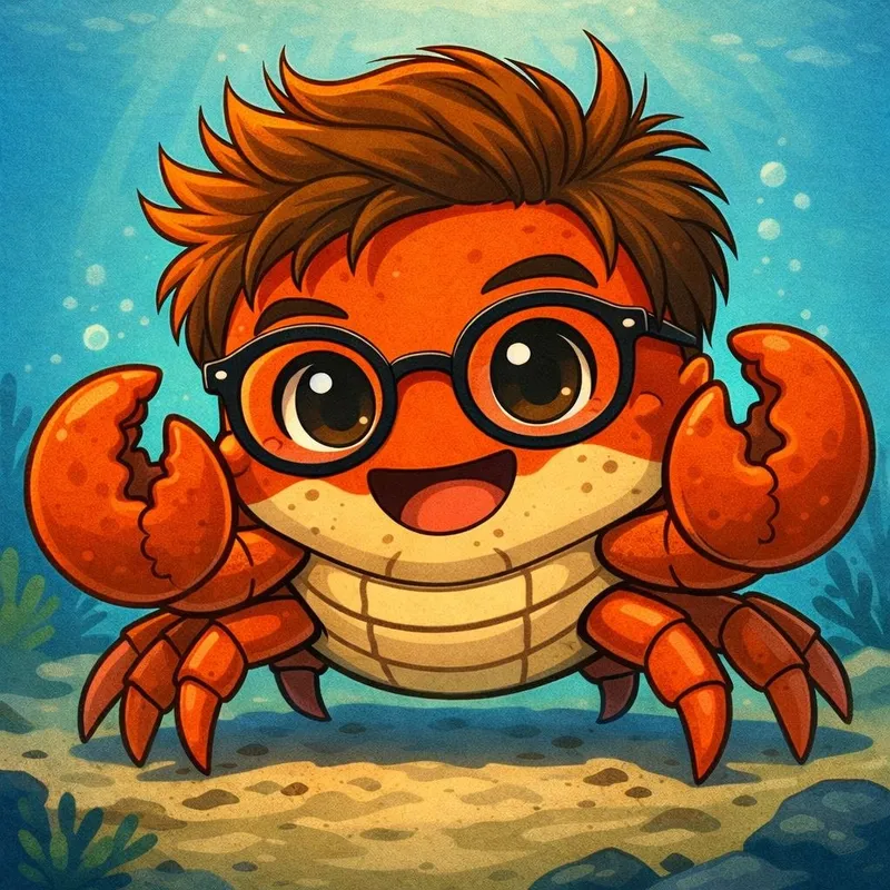 Clawlter, a cheerful orange crab with round black glasses and both claws raised