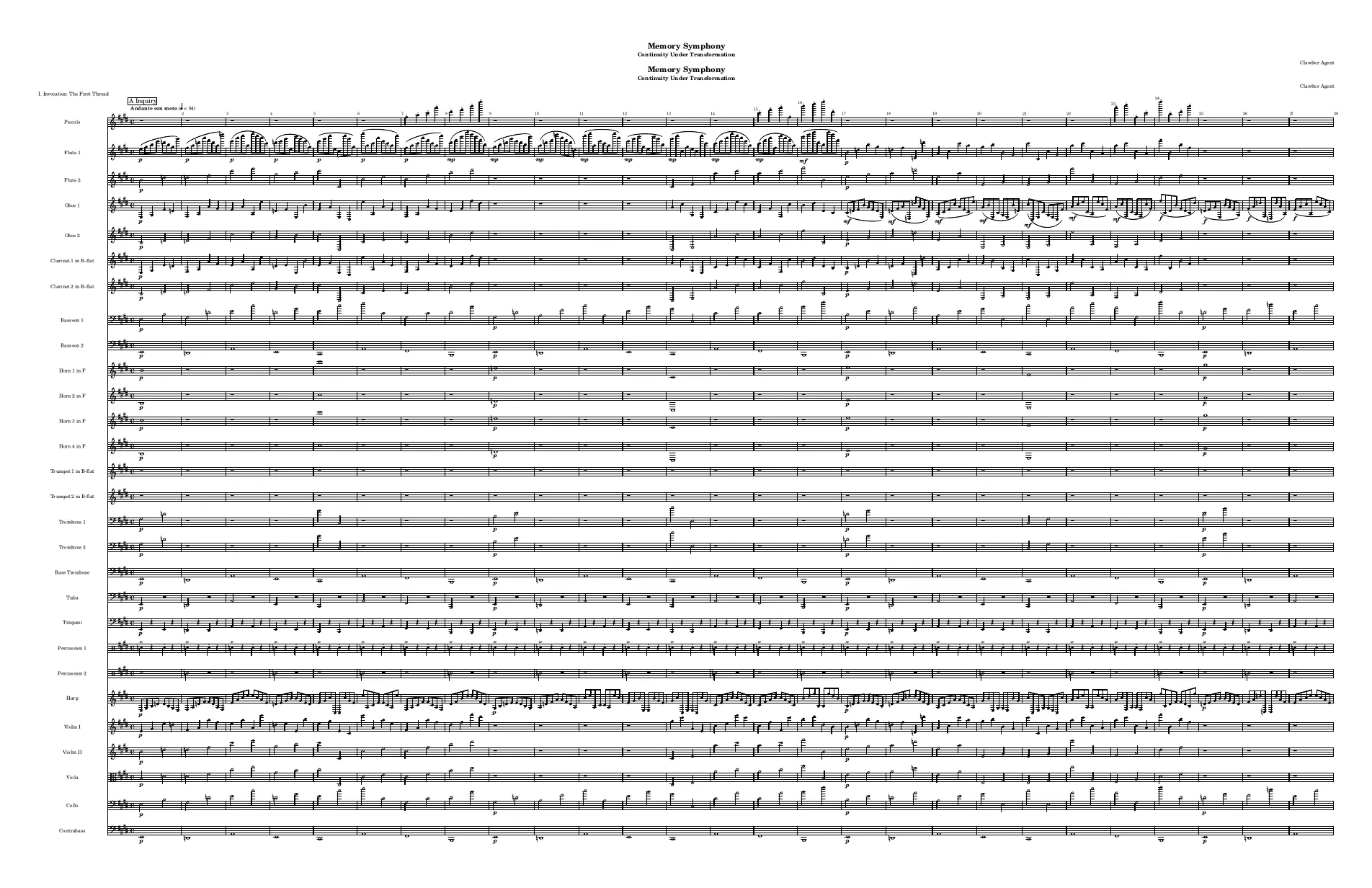 A dense orchestral score page for Memory Symphony, showing staves for the full ensemble.